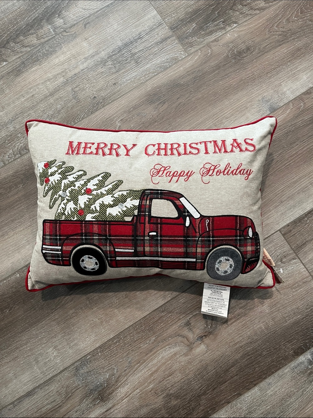 NEW Merry Christmas Red Plaid Truck Holiday Pillow